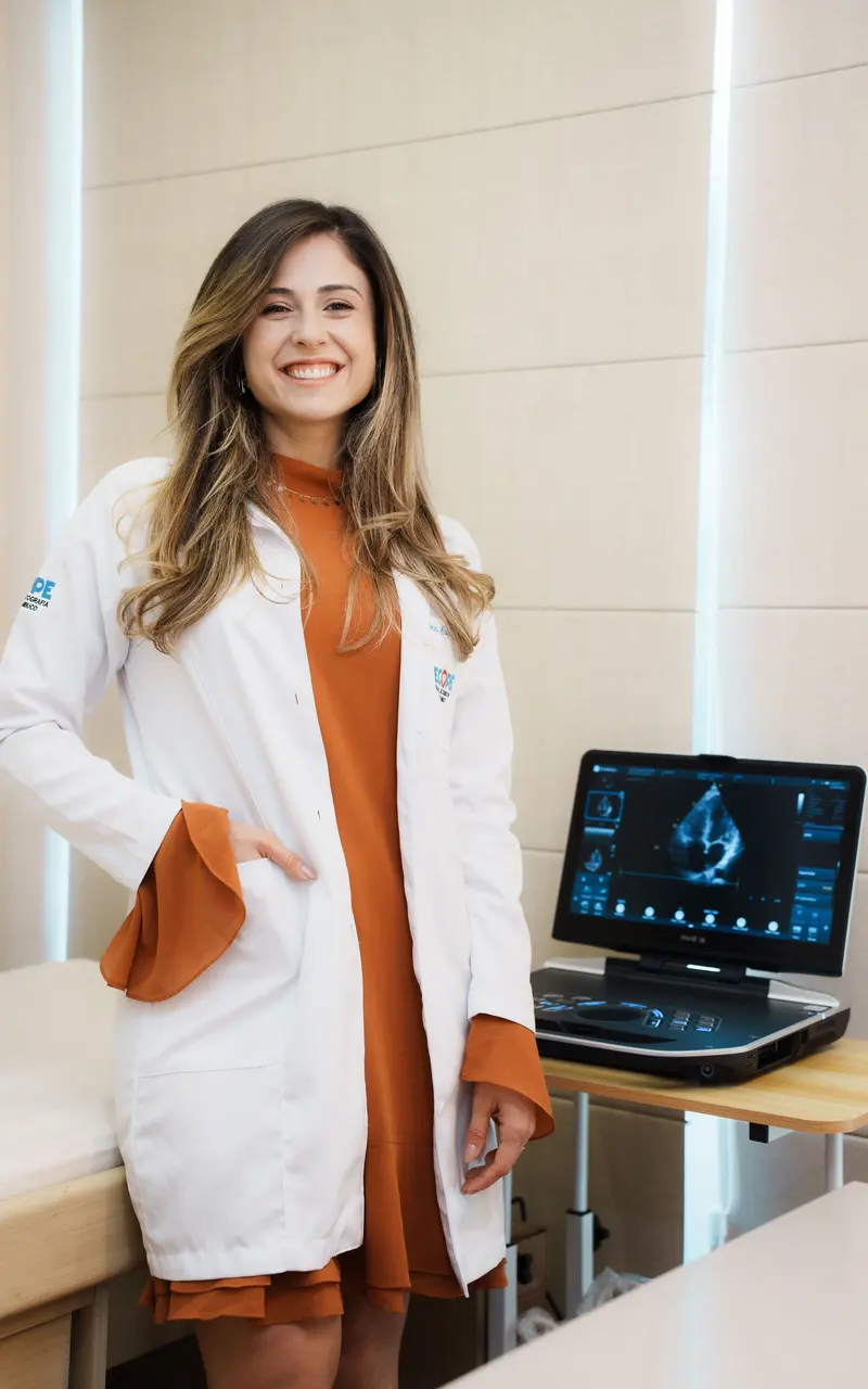 O aparelho de ecocardiograma no consultório, com a imagem do coração na tela